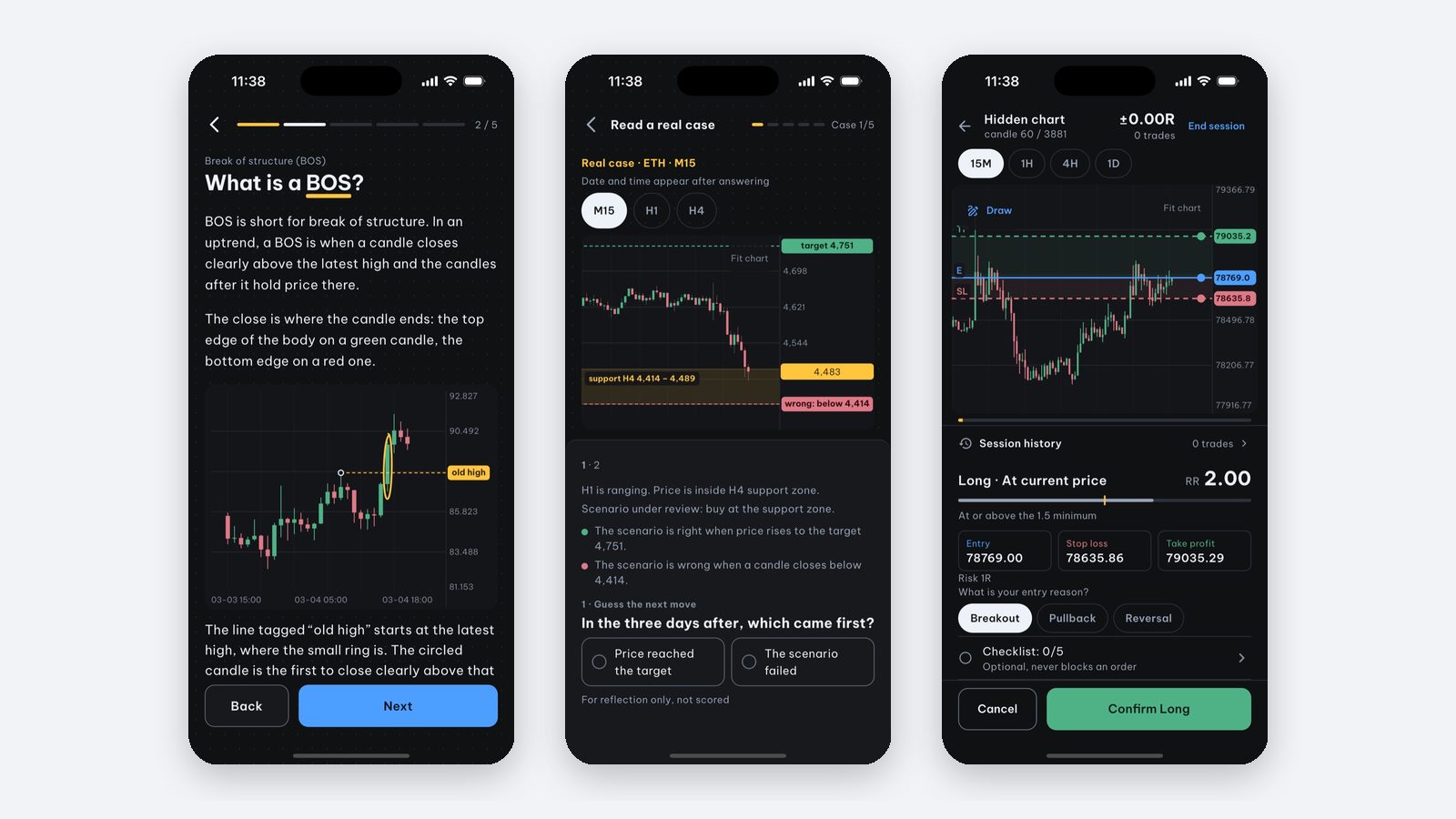Écrans de leçons et d’exercices de Price Action Trading Simulator, présentés en anglais.