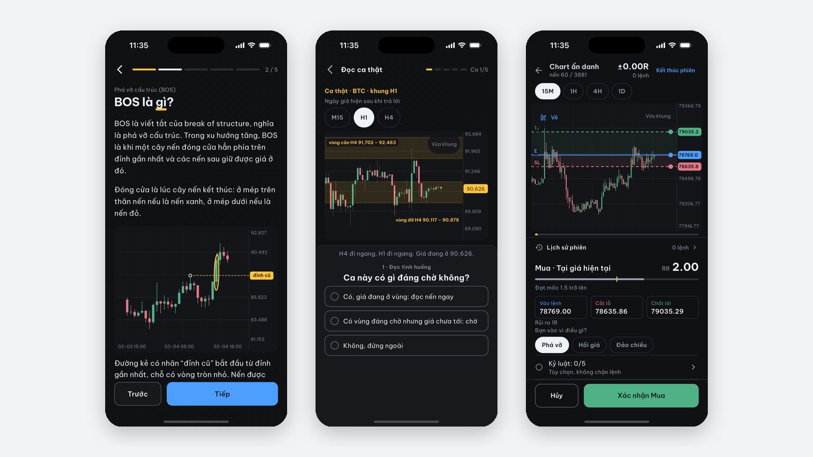 Ba màn hình của Price Action Trading Simulator: bài học, luyện ca thật và backtest