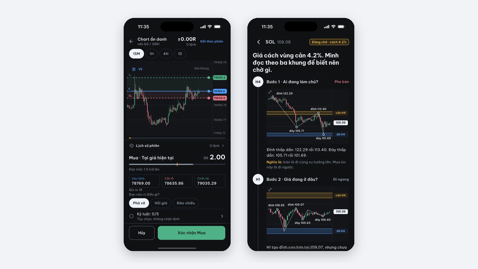 Màn hình backtest thủ công trong Price Action Trading Simulator trên iPhone